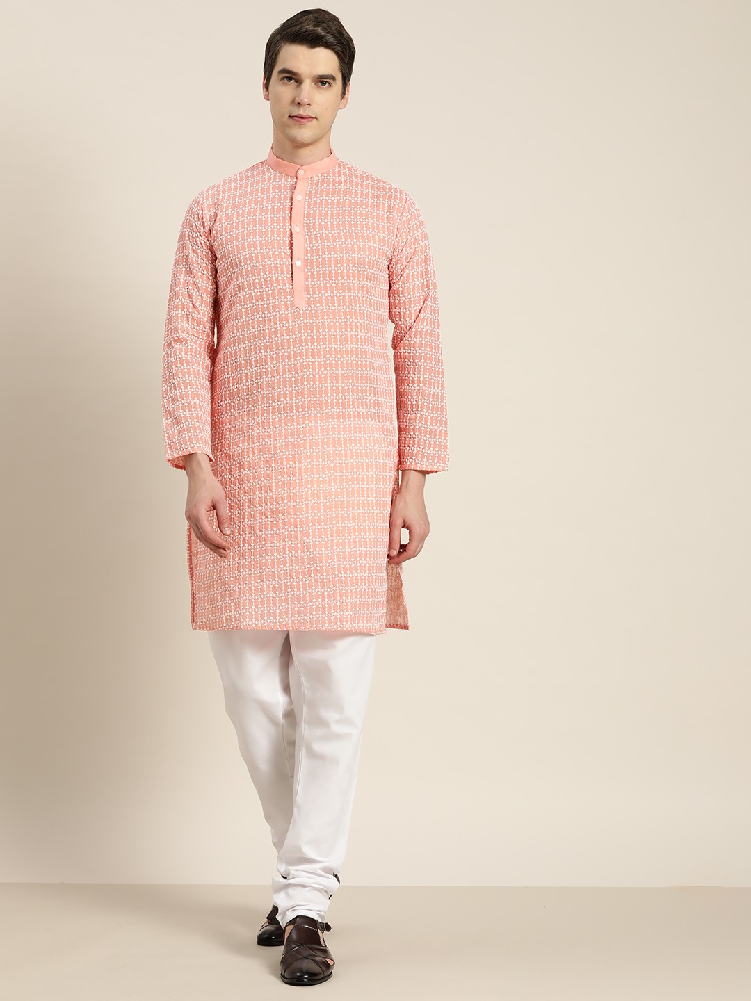 

SOJANYA Men Embroidered Regular Thread Work Pure Cotton Kurta with Churidar, Peach