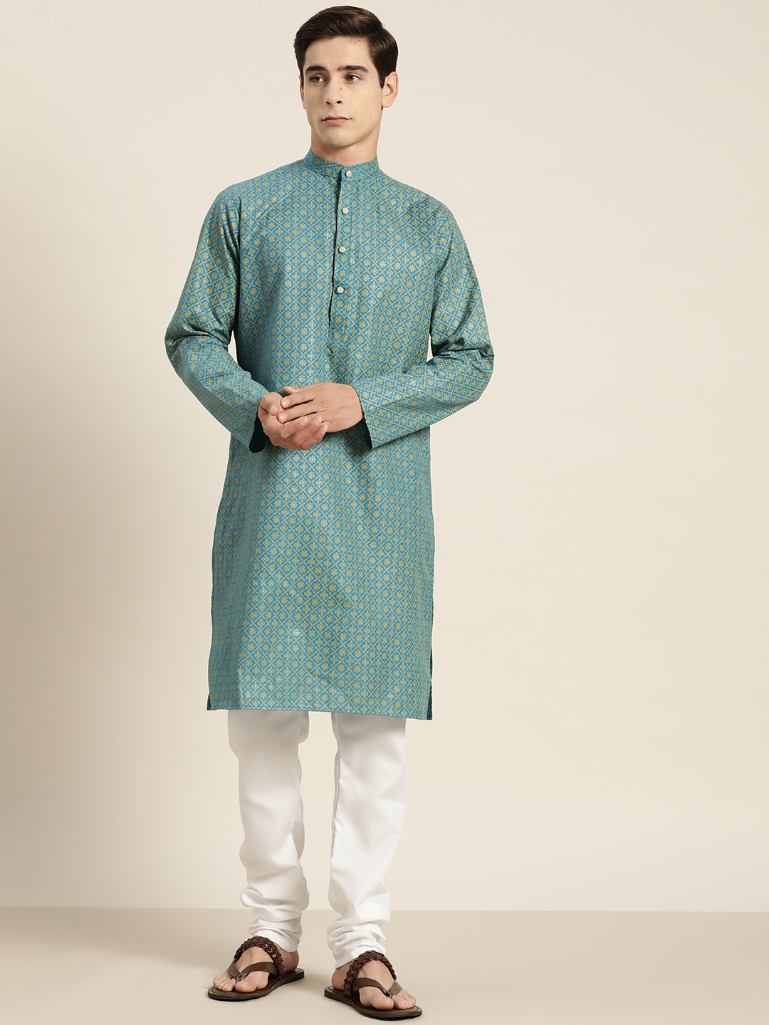 

SOJANYA Men Ethnic Motifs Foil Printed Cotton Linen Kurta, Teal
