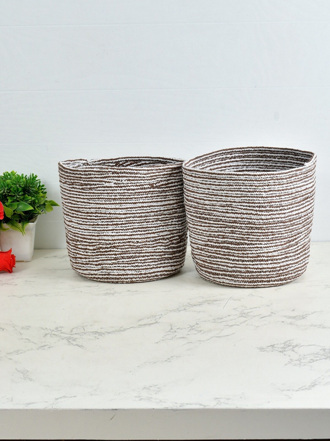 

Homefab India Brown & White 2 Pieces Braided Woven Cotton Planter Baskets