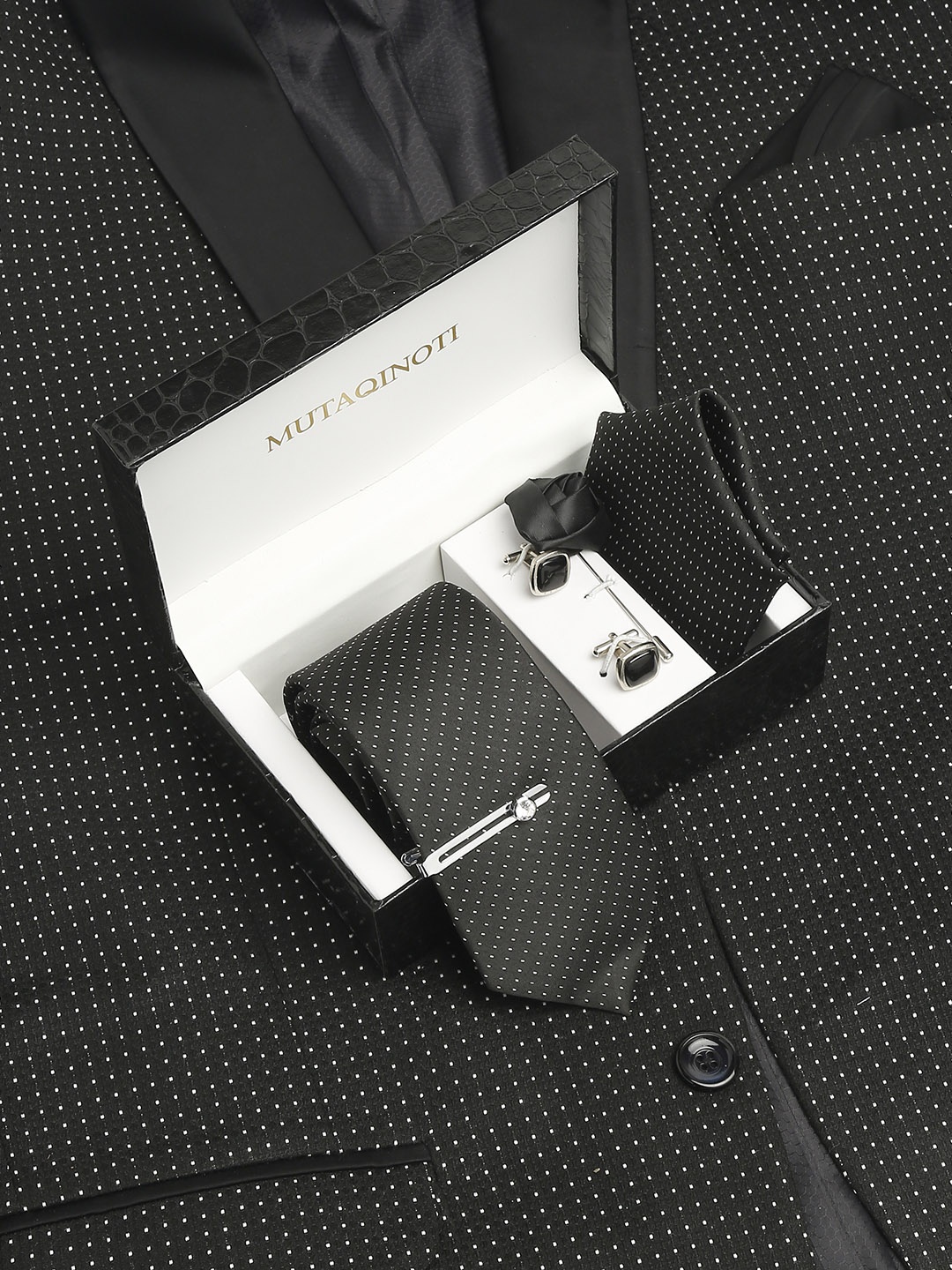 

MUTAQINOTI Men Polka Black Silk Necktie Accessory Gift Set