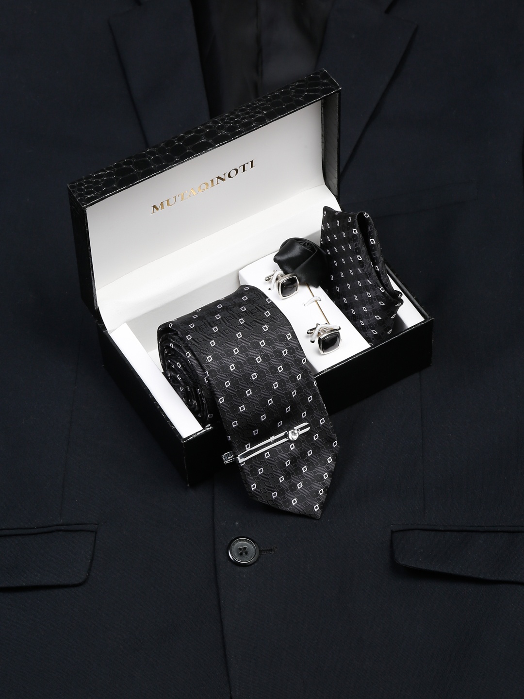 

MUTAQINOTI Men Floral Silk Necktie Accessory Gift Set, Black
