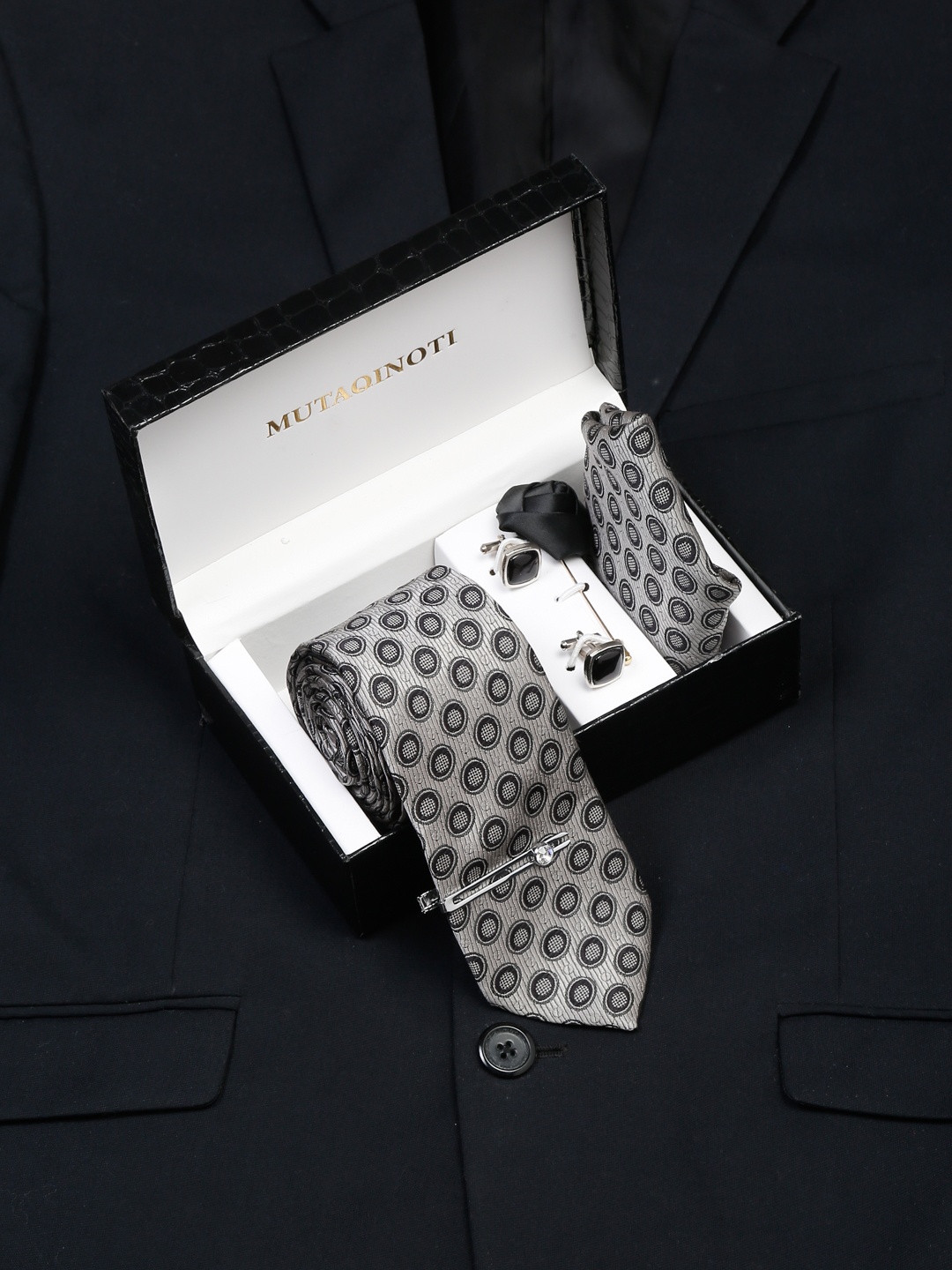 

MUTAQINOTI Men Silk Necktie Accessory Gift Set, Grey