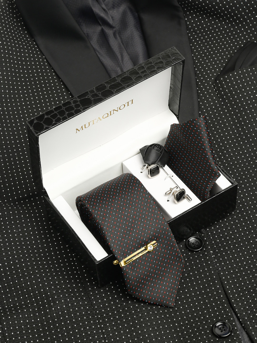 

MUTAQINOTI Men Silk Necktie Accessory Gift Set, Black