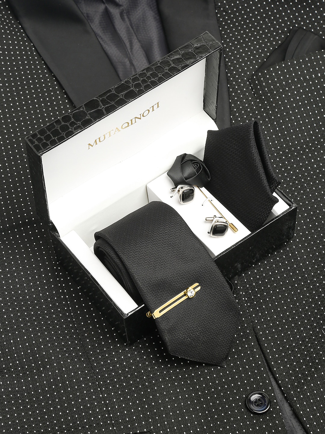 

MUTAQINOTI Men Silk Necktie Accessory Gift Set, Black