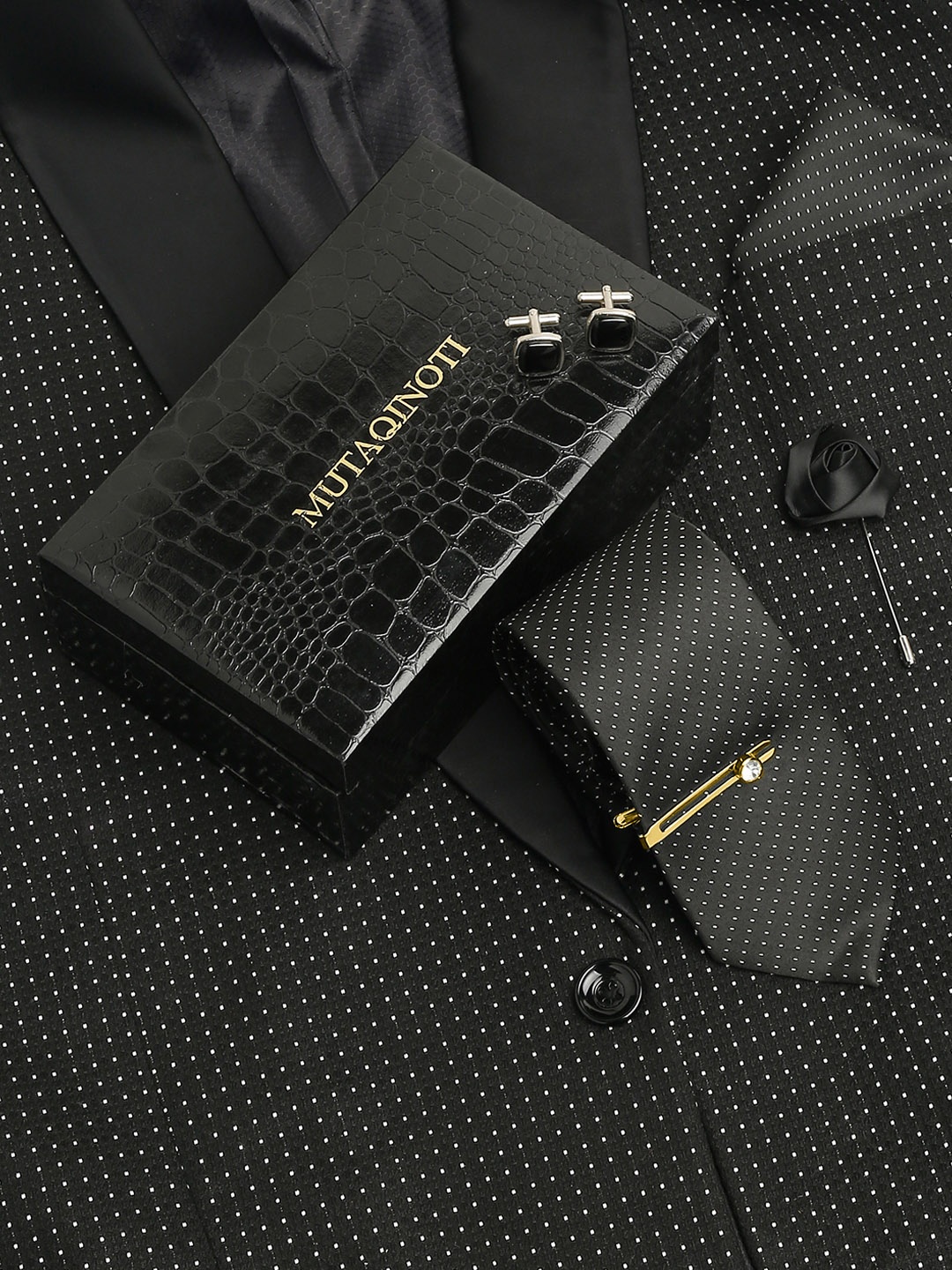 

MUTAQINOTI Men Geometric Self Design Silk Necktie Accessory Gift Set, Black