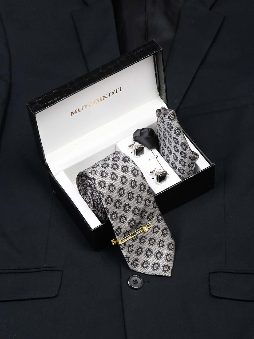 

MUTAQINOTI Men Geometric Self Design Silk Necktie Accessory Gift Set, Grey