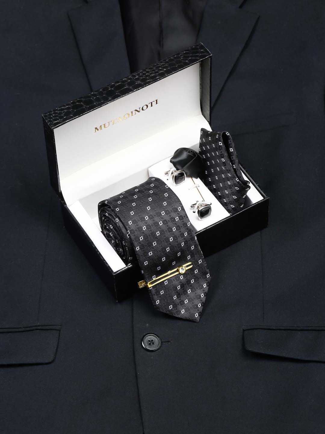 

MUTAQINOTI Men Floral Black Silk Necktie Accessory Gift Set