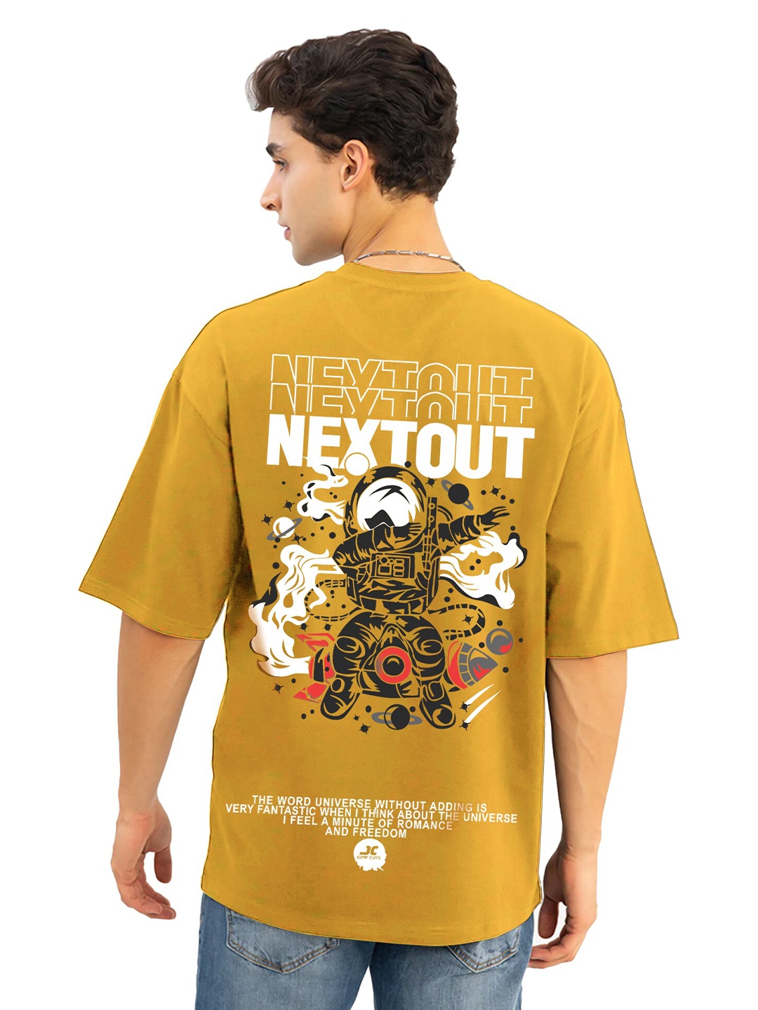 

JUMPCUTS Graphic Printed Drop Shoulder Cotton Boxy T-shirt, Mustard
