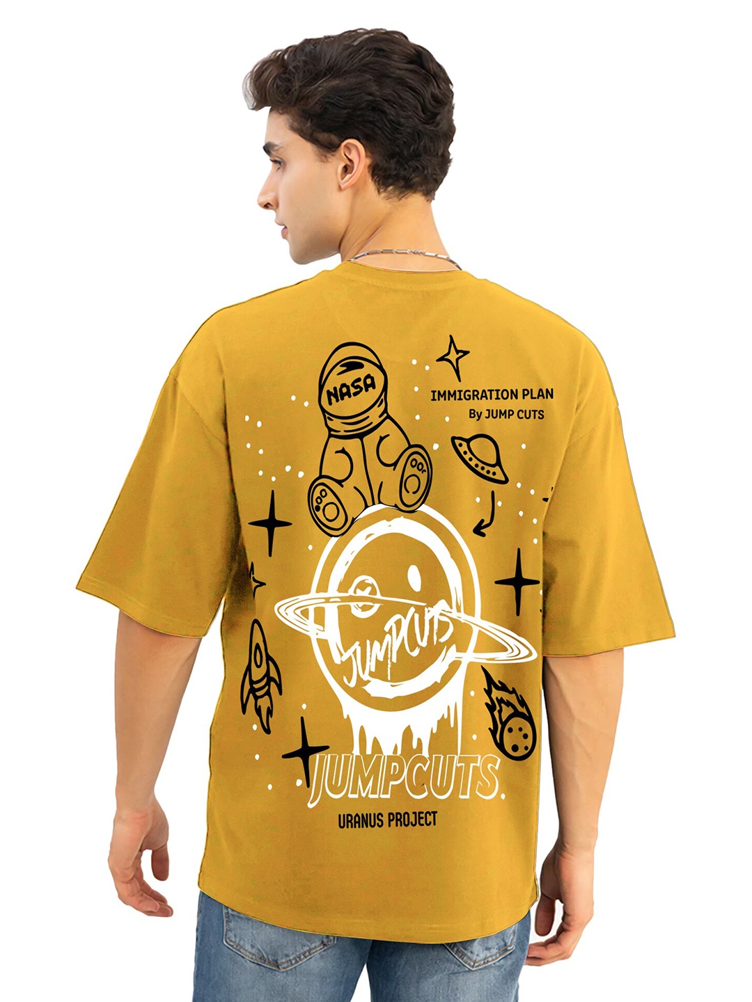 

JUMPCUTS Graphic Printed Cotton Boxy T-shirt, Yellow