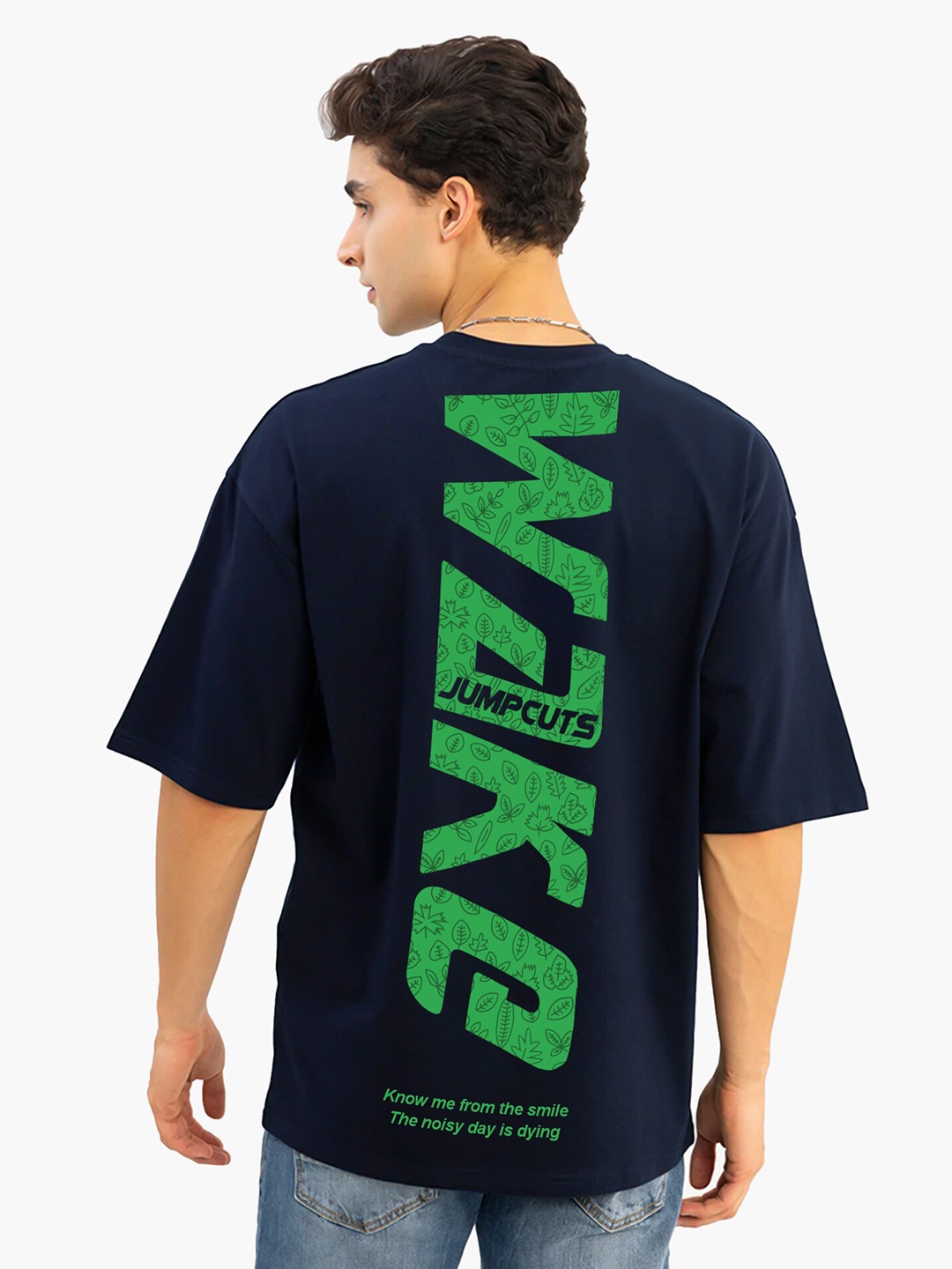

JUMPCUTS Typography Printed Cotton Boxy T-shirt, Navy blue