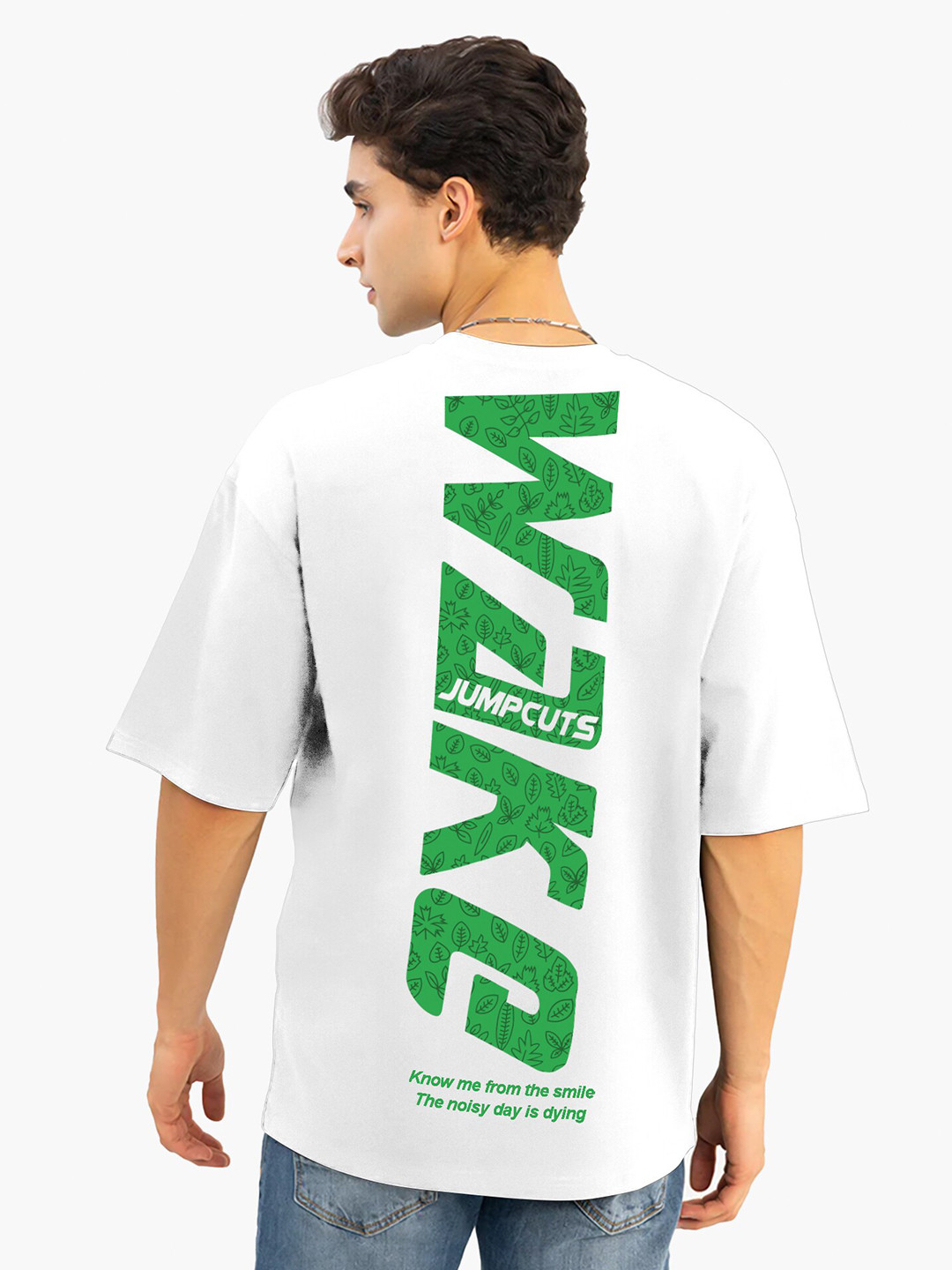 

JUMPCUTS Typography Printed Drop Shoulder Cotton Boxy T-shirt, White