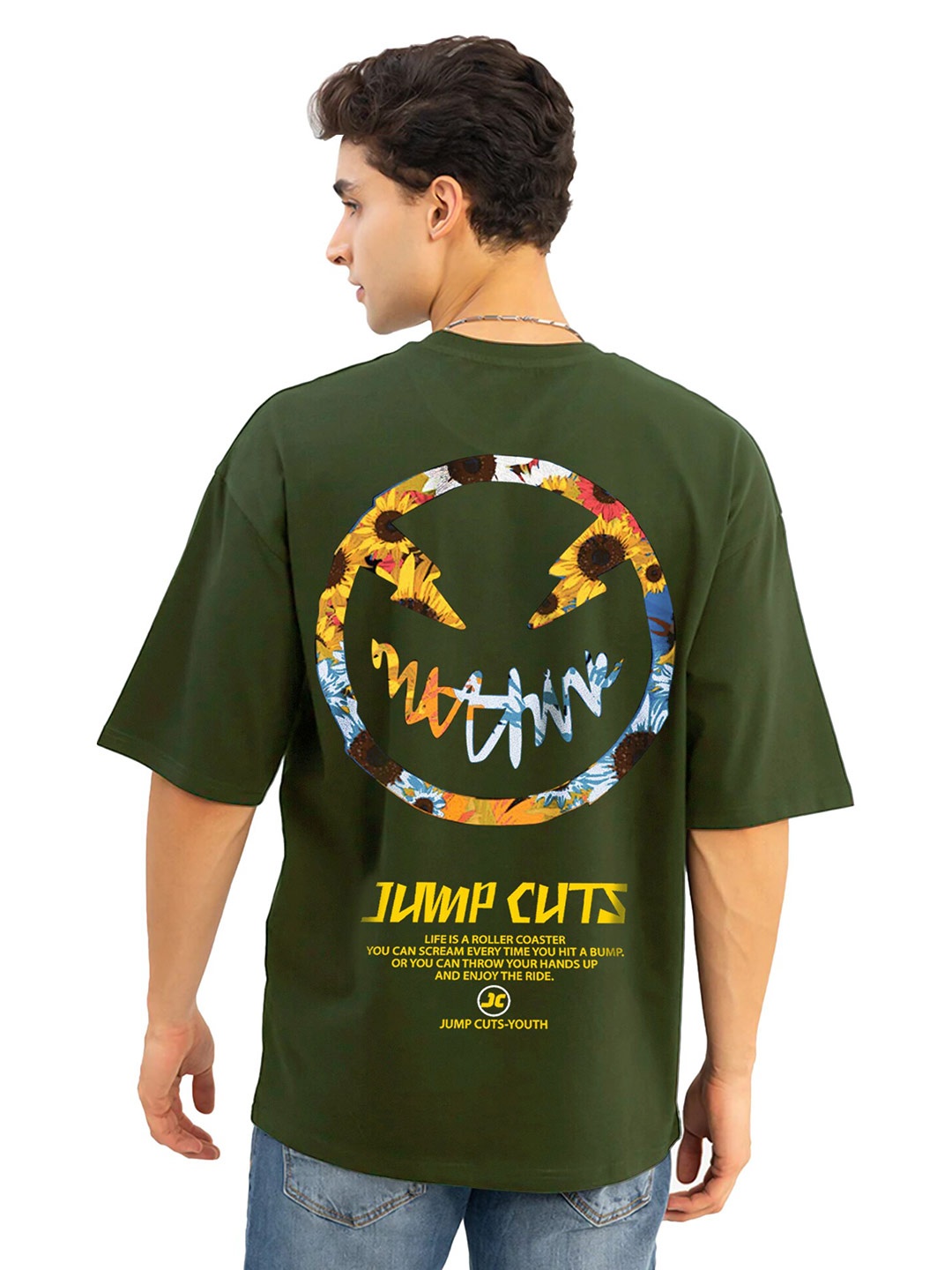

JUMPCUTS Graphic Printed Drop Shoulder Cotton Boxy T-shirt, Olive