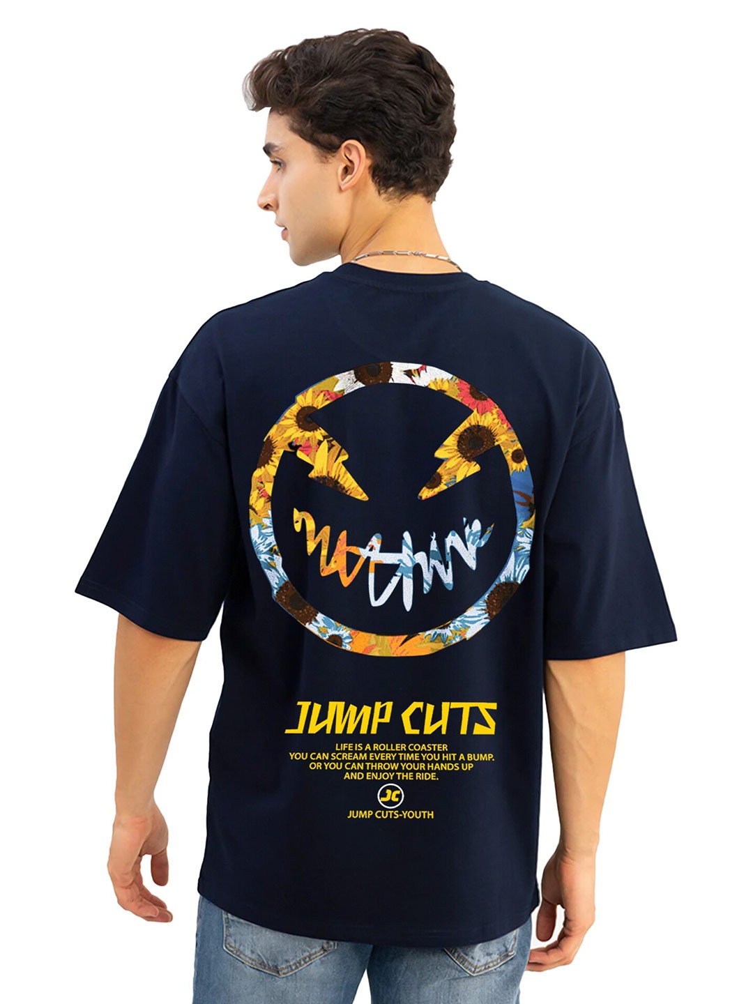 

JUMPCUTS Graphic Printed Cotton Boxy T-shirt, Navy blue