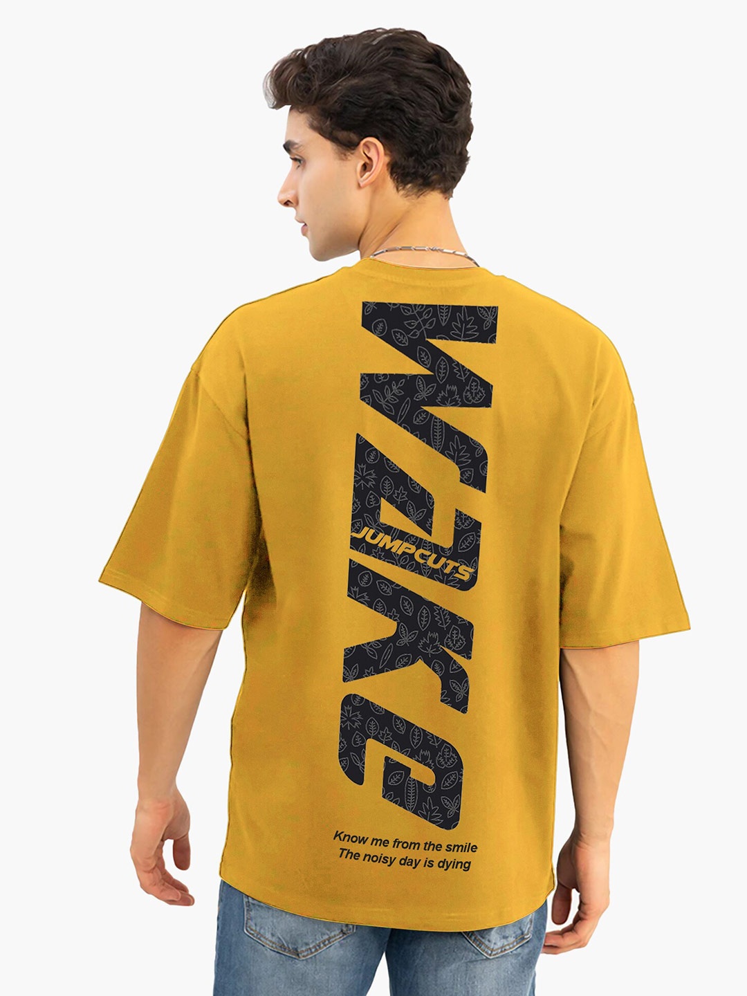 

JUMPCUTS Typography Printed Drop Shoulder Cotton Boxy T-shirt, Mustard