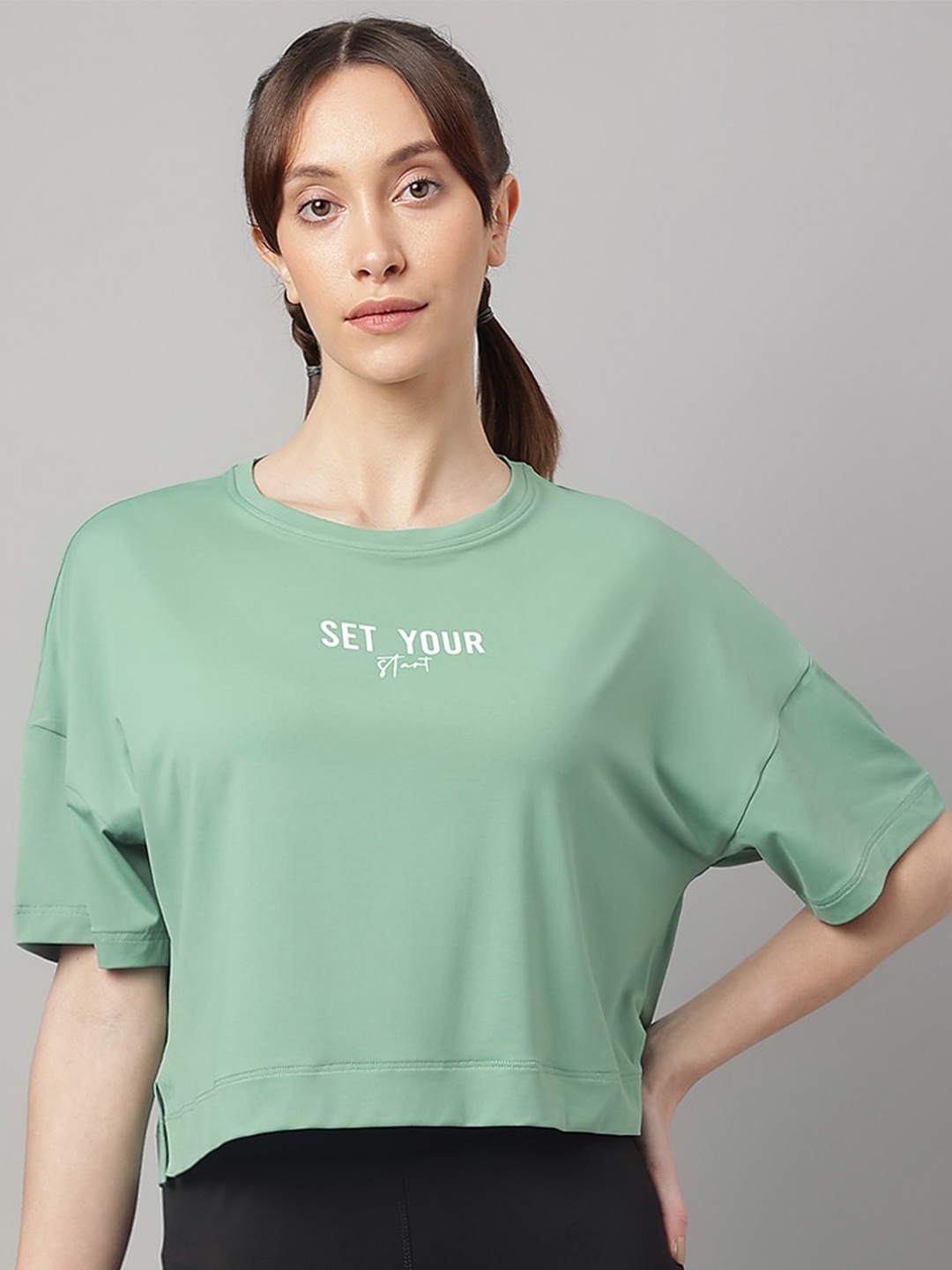 

MKH Typography Printed Drop-Shoulder Sleeves Dri-FIT Technology Sports Crop T-Shirt, Green