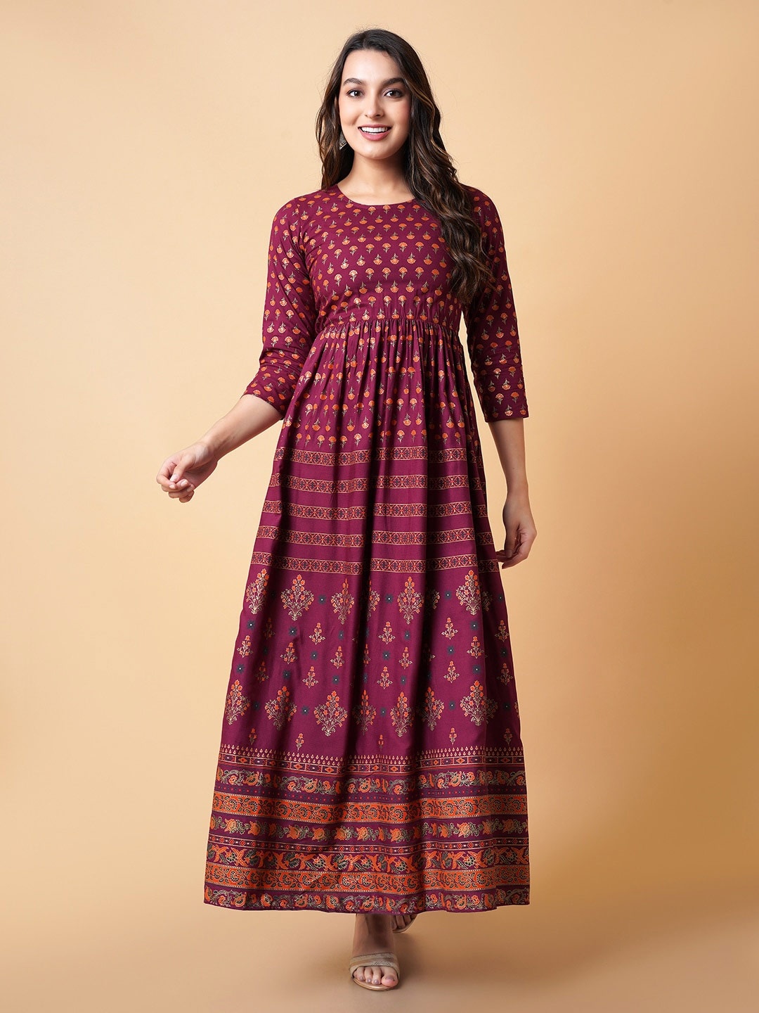 

DAEVISH Ethnic Motifs Print Ethnic Fit & Flare Maxi Ethnic Dress, Maroon