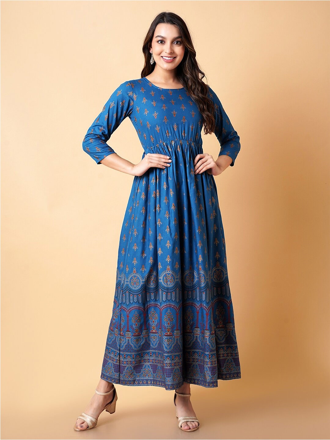 

DAEVISH Ethnic Motifs Print Fit & Flare Maxi Dress, Blue