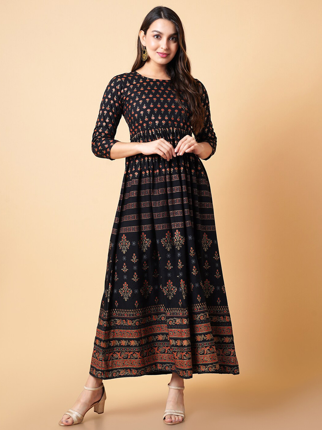 

DAEVISH Ethnic Motifs Printed Maxi Dress, Black