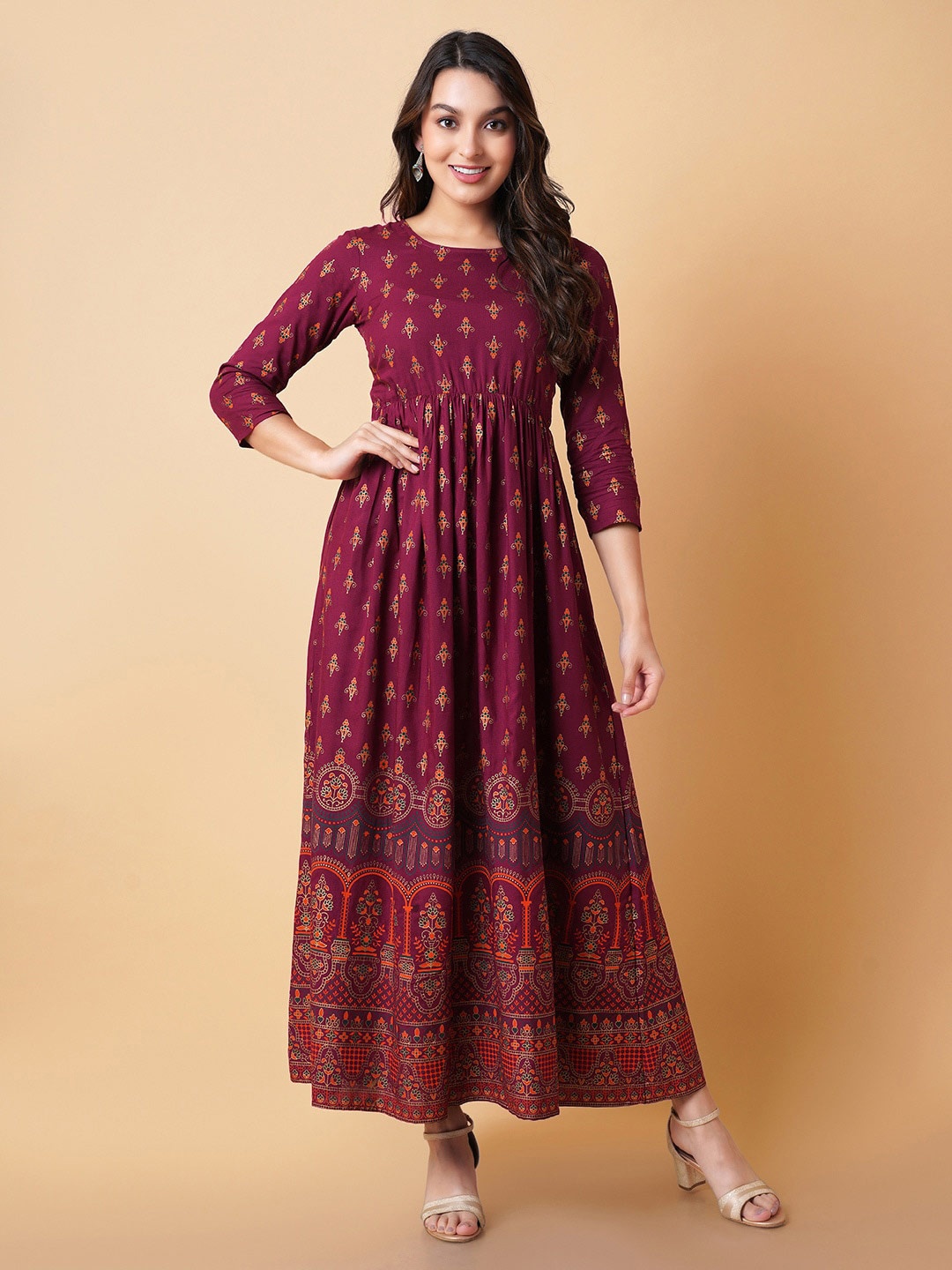 

DAEVISH Ethnic Motifs Printed Maxi Dress, Maroon