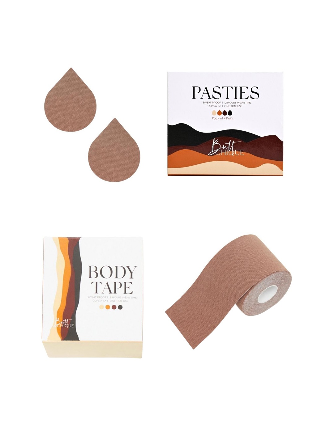 

Butt-Chique Set Of 4 Tan Brown Solid Sweat Proof Cotton Nipple Pasties & 1 Body Tape, Beige