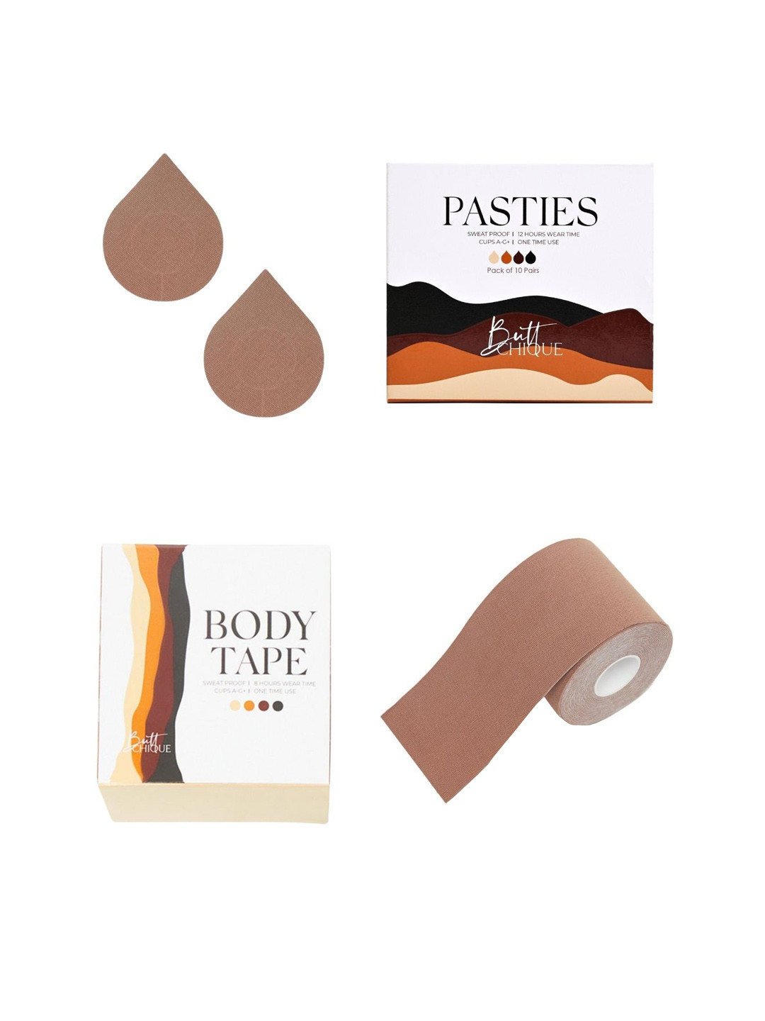 

Butt-Chique Set Of 10 Tan Brown Solid Sweat Proof Cotton Nipple Pasties & 1 Body Tape, Beige