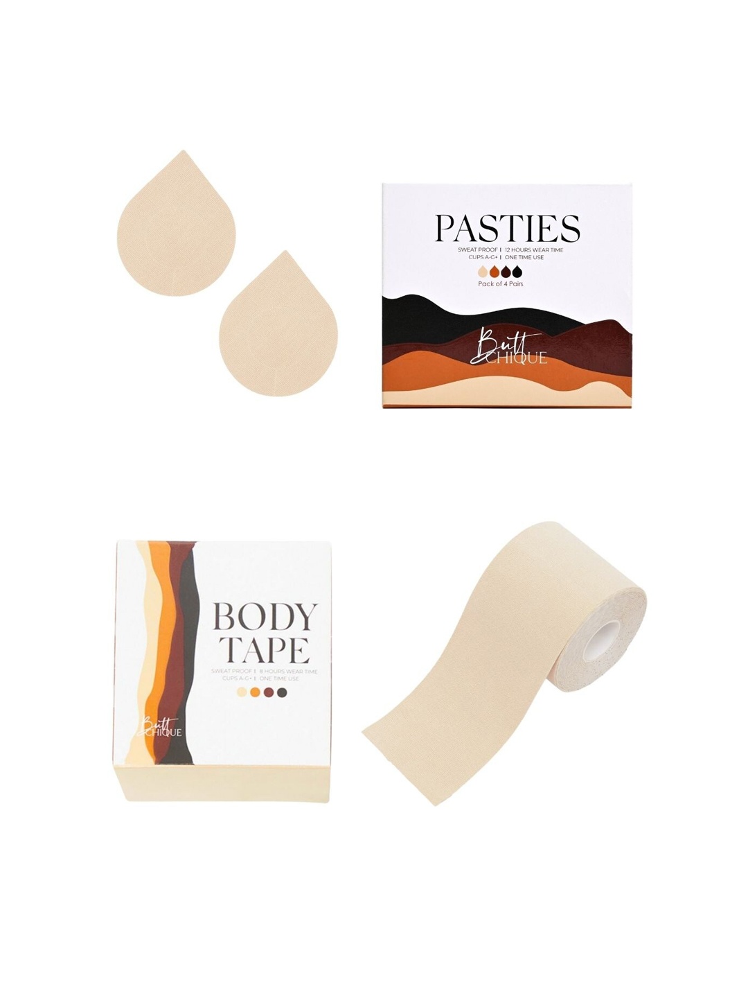 

Butt-Chique Set Of 4 Nude Coloured Solid Sweat Proof Cotton Nipple Pasties & 1 Body Tape, Cream