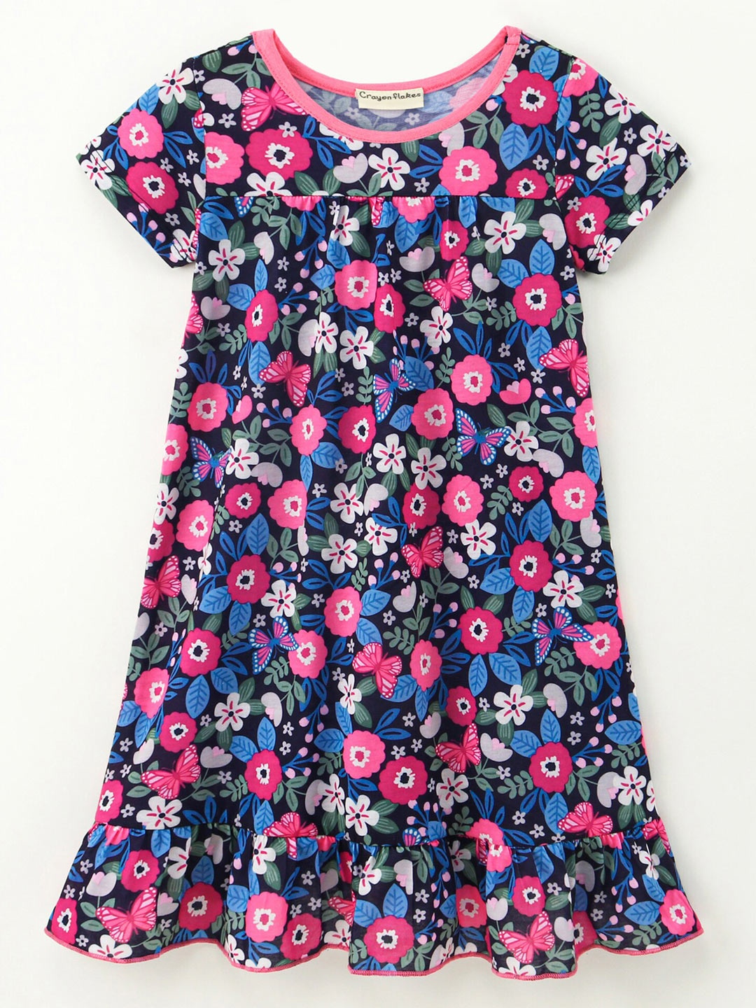 

CrayonFlakes Girls Floral Printed Nightdress, Navy blue