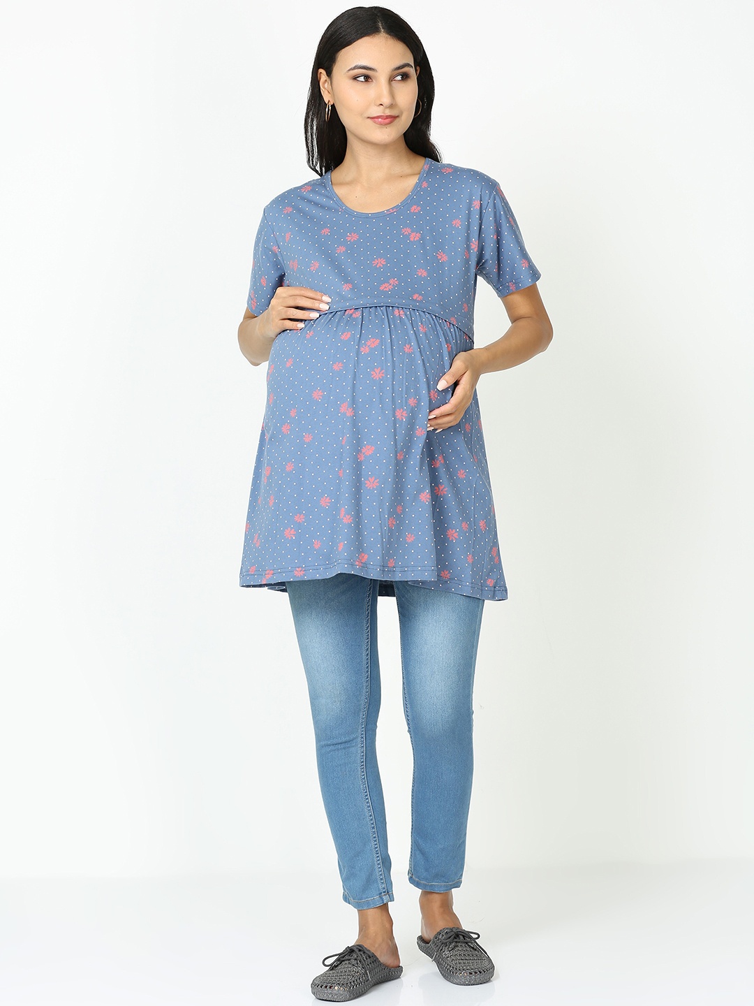 

9shines Label Floral Printed Pure Cotton Longline A-Line Maternity Top, Blue