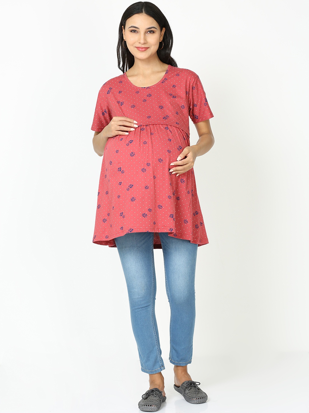

9shines Label Floral Printed Pure Cotton Longline A-Line Maternity Top, Coral