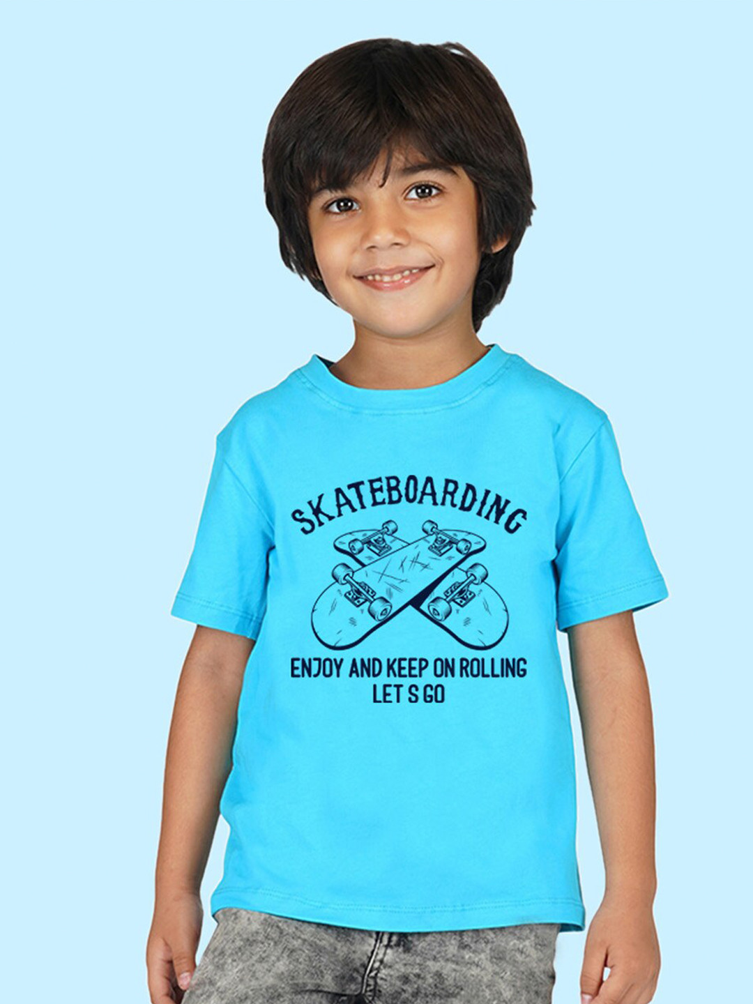 

NUSYL Boys Typography Printed Drop-Shoulder Sleeves Cotton T-shirt, Blue
