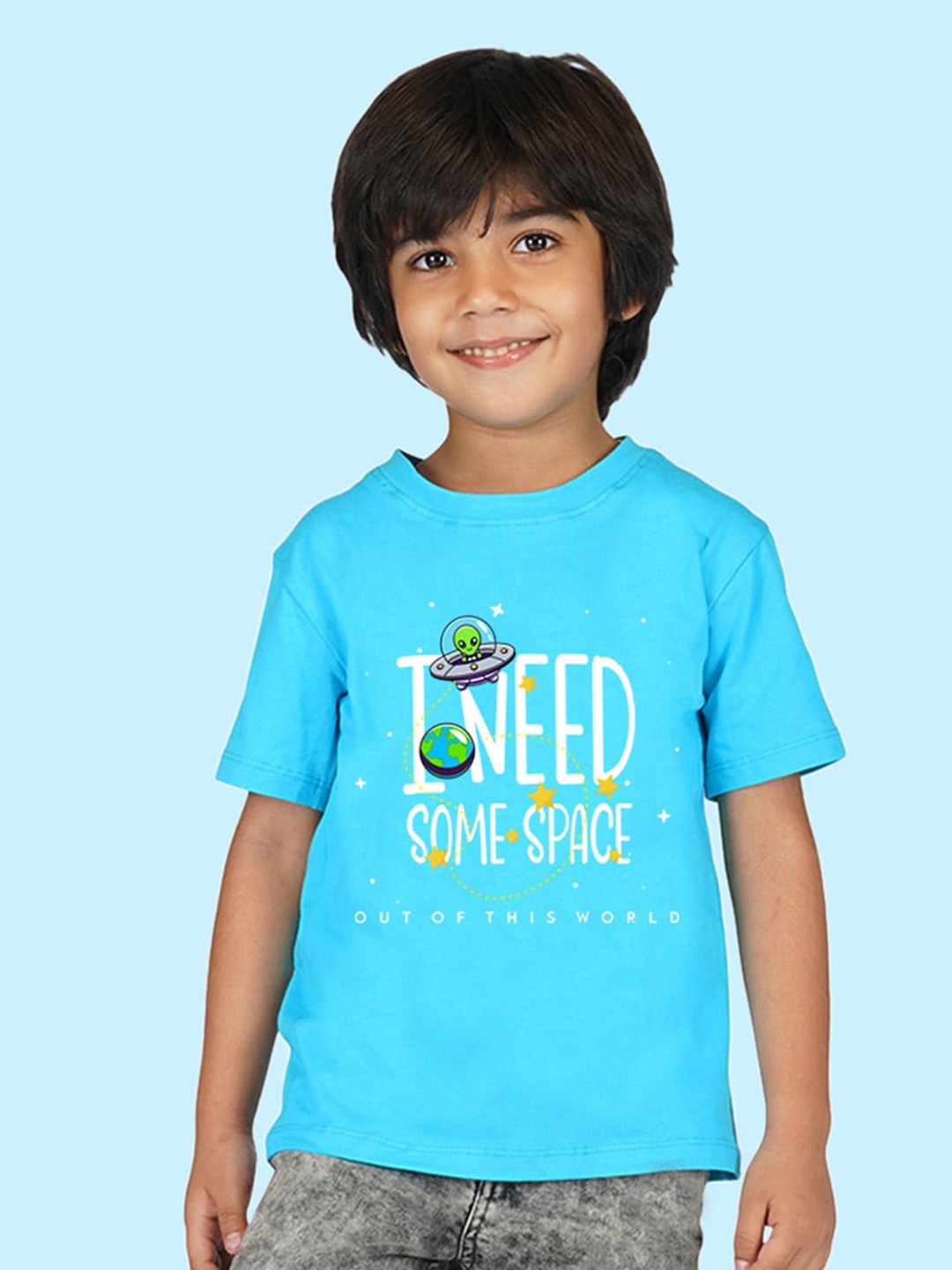 

NUSYL Boys Typography Printed Drop - Shoulder Sleeves Cotton T-shirt, Blue