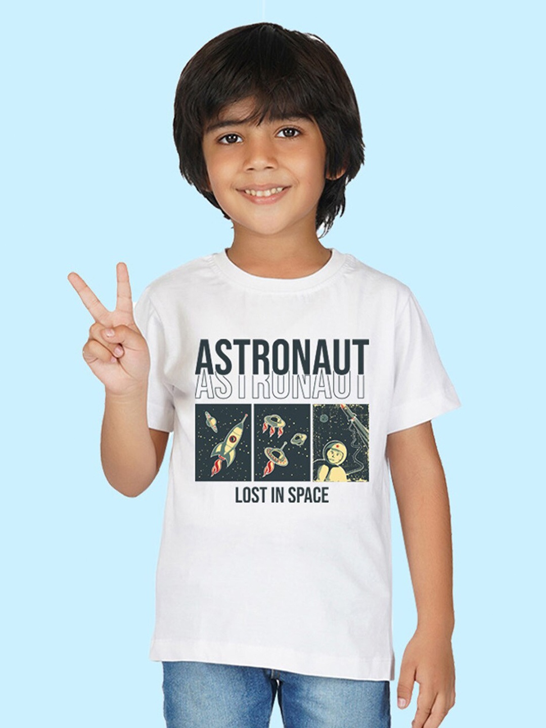 NUSYL Boys Graphic Printed Round Neck Cotton T-shirt, White