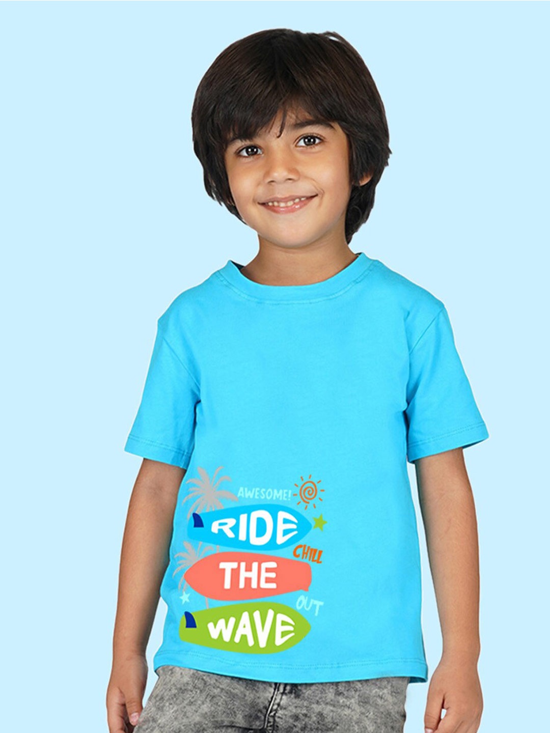 

NUSYL Boys Typography Printed Round Neck Cotton T-shirt, Blue