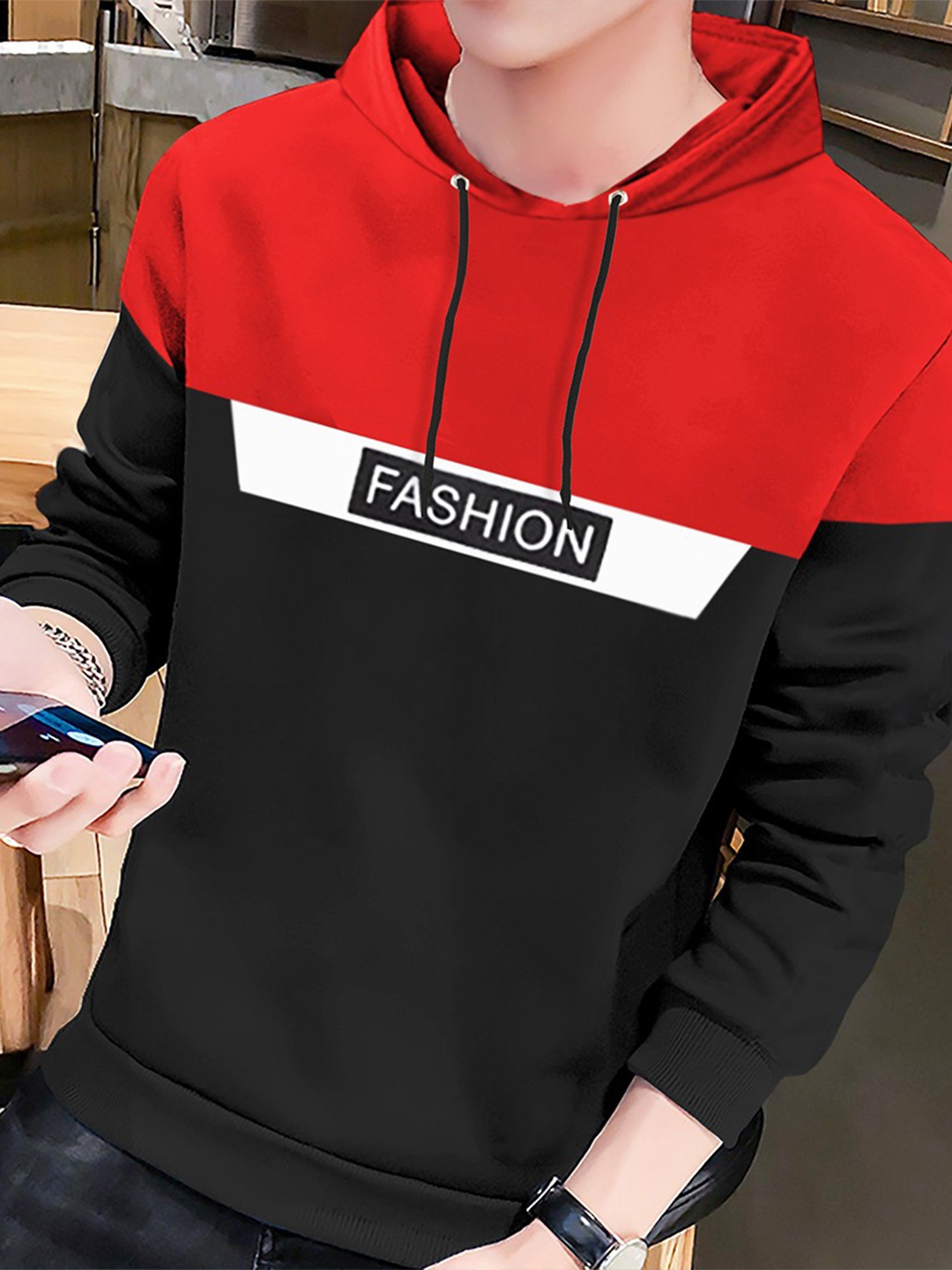 

BLIVE Boys Colourblocked Printed Hooded Long Sleeves Cotton T-shirt, Red