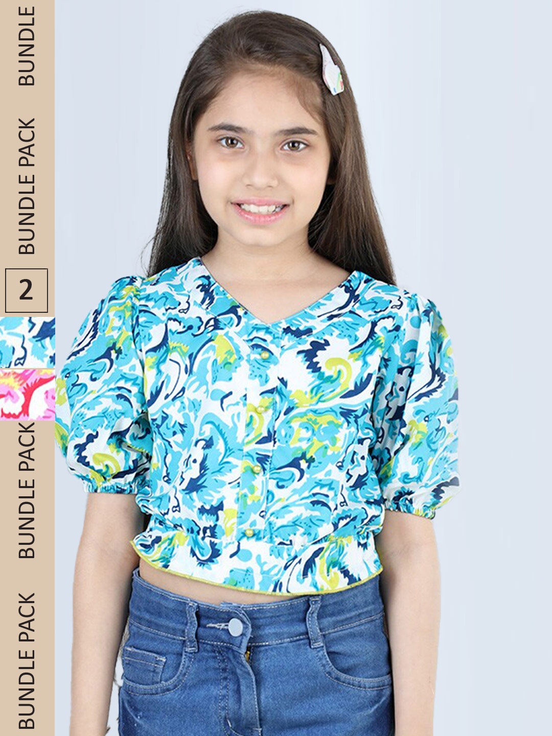 

Cutiekins Girls Pack Of 2 Abstract Printed Puff Sleeves Crop Tops, Blue