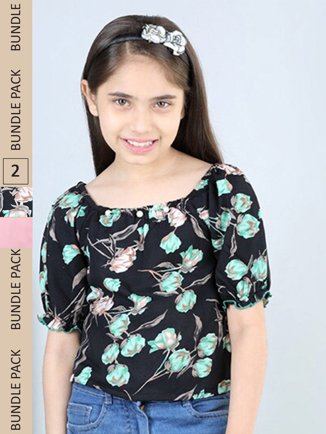 

Cutiekins Girls Pack Of 2 Printed Off Shoulder Puff Sleeves Tops, Black