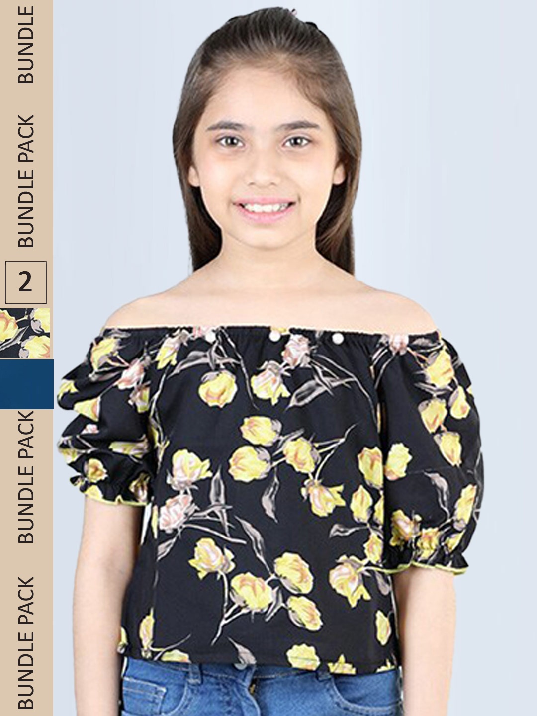 

Cutiekins Girls Pack Of 2 Printed Off Shoulder Puff Sleeves Tops, Black