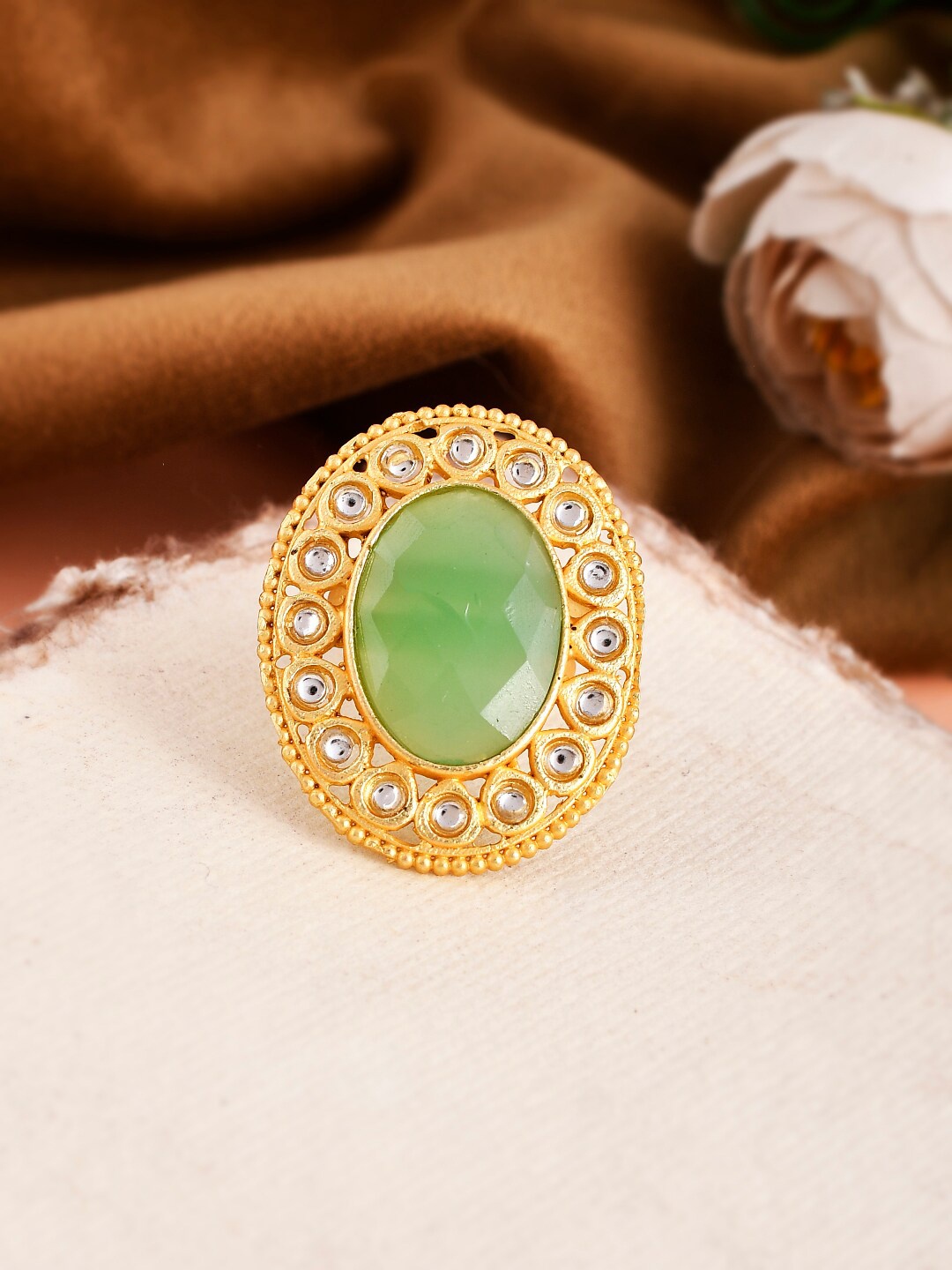 

Silvermerc Designs Gold-Plated Kundan Studded Adjustable Finger Ring, Green