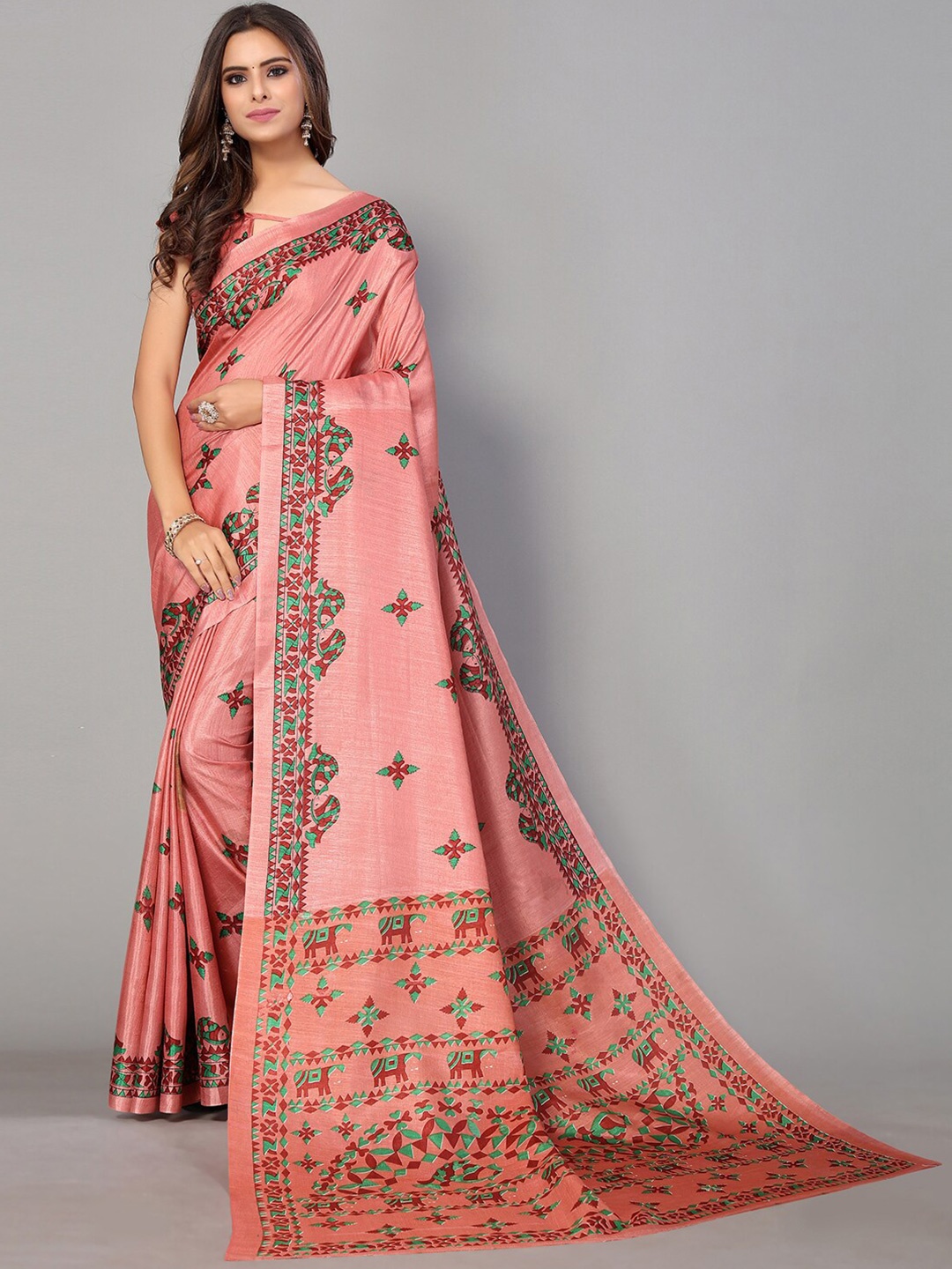 

GORGONE Peach-Coloured & Green Ethnic Motifs Silk Blend Saree