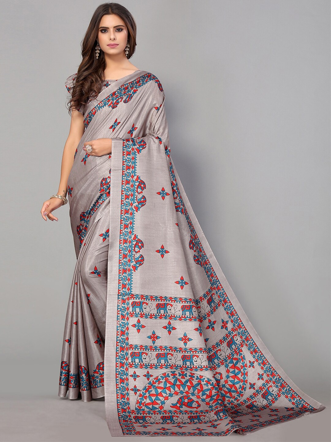 

GORGONE Ethnic Motif Silk Blend Saree With Blouse Piece, Grey