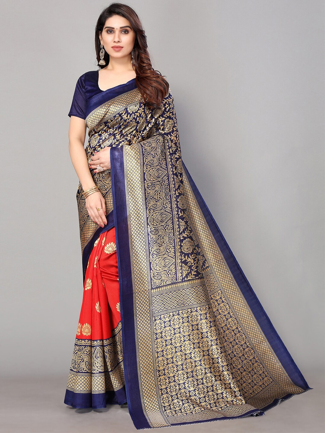 

GORGONE Ethnic Motif Silk Blend Saree With Blouse Piece, Navy blue