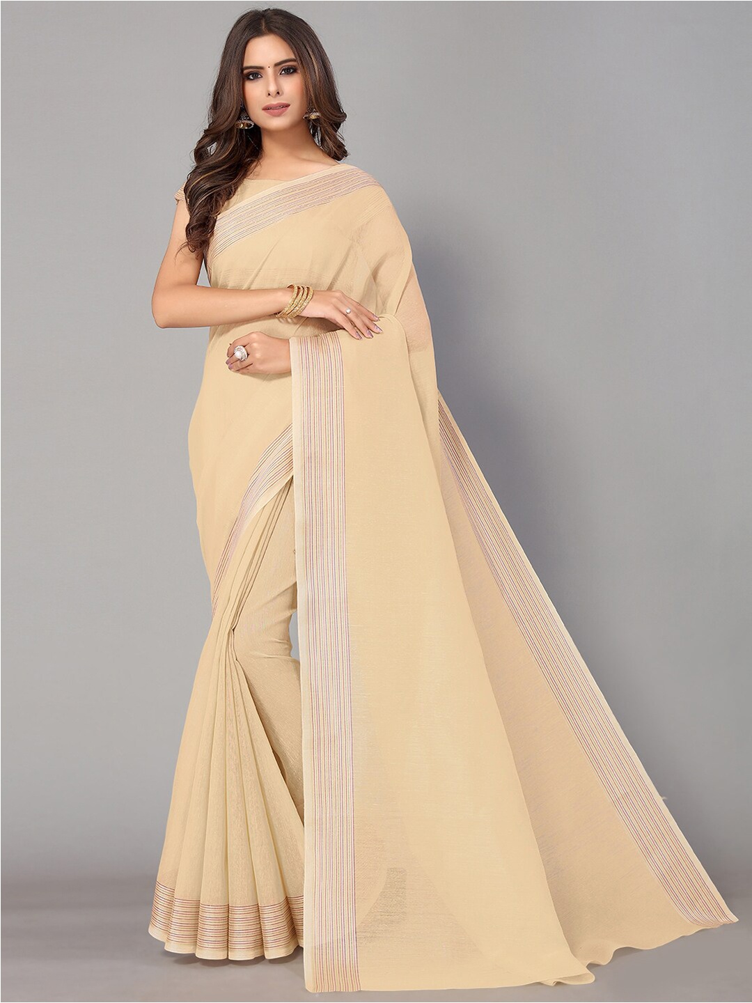 

GORGONE Striped Cotton Blend Saree With Blouse Piece, Beige