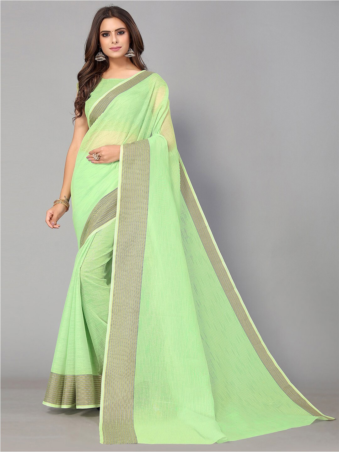 

GORGONE Striped Cotton Blend Saree With Blouse Piece, Green