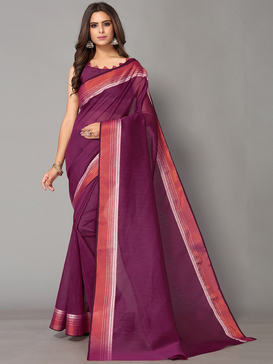 

GORGONE Sheer Striped Zari Saree, Purple