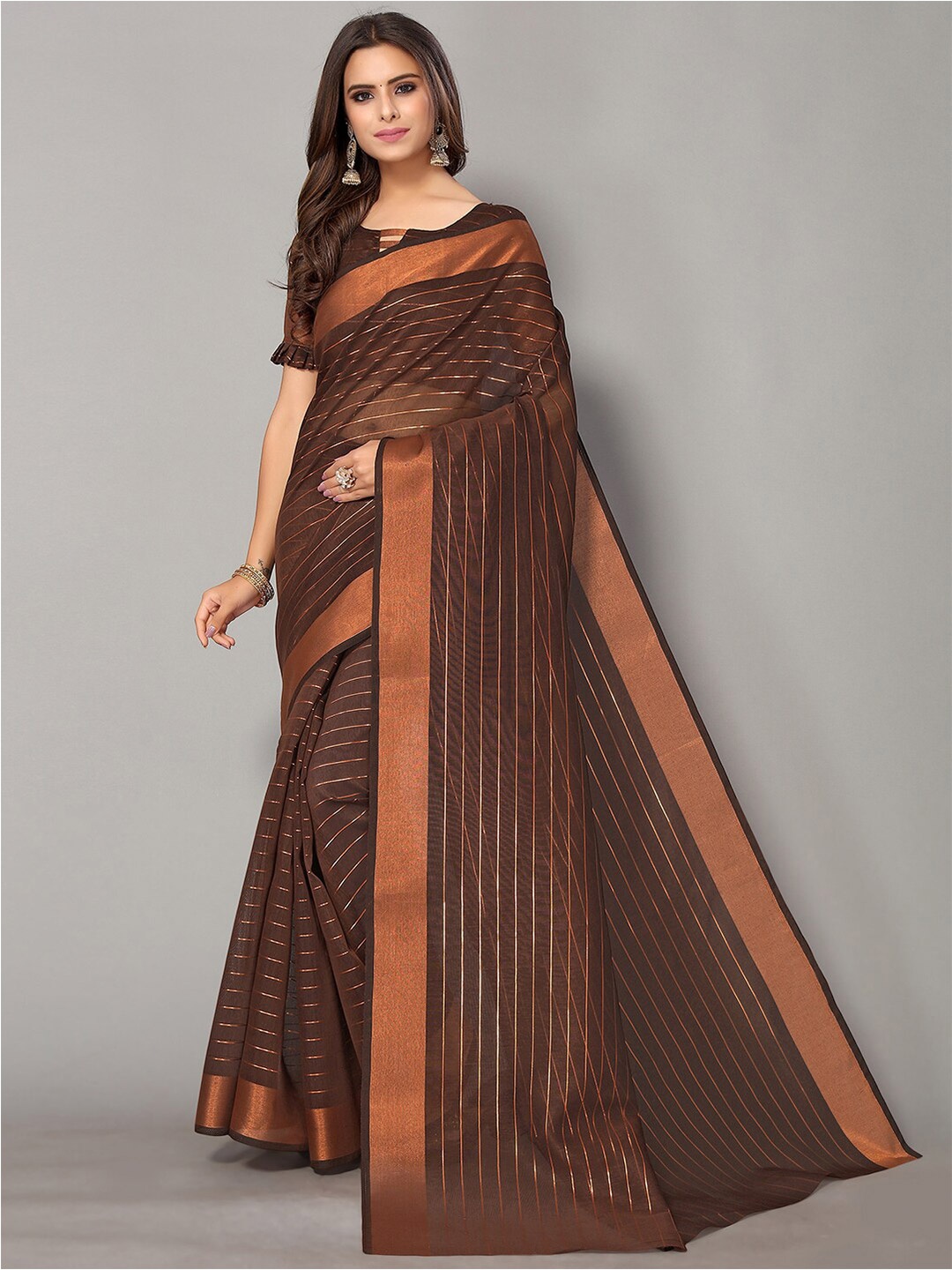 

GORGONE Brown & Gold-Toned Striped Zari Saree