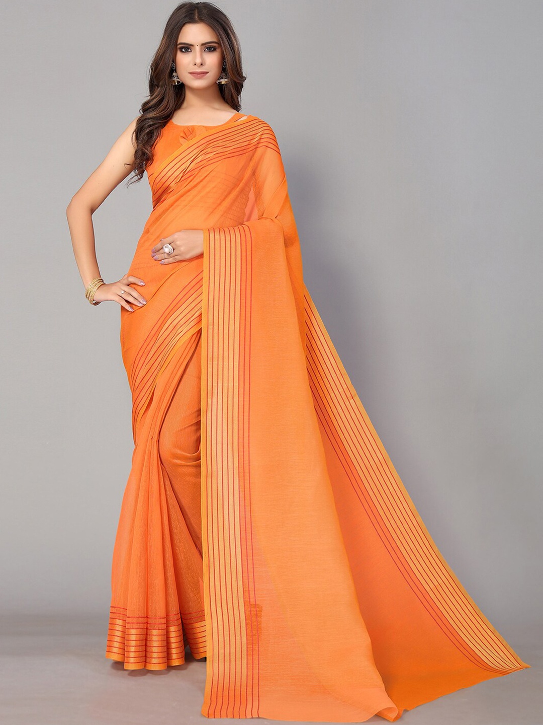 

GORGONE Zari Cotton Saree, Orange