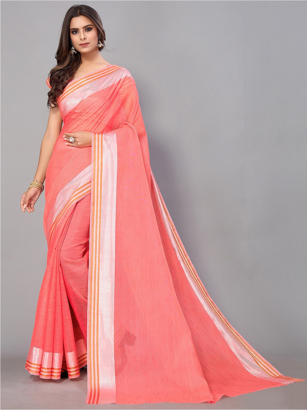 

GORGONE Striped Cotton Blend Zari Saree With Blouse Piece, Pink