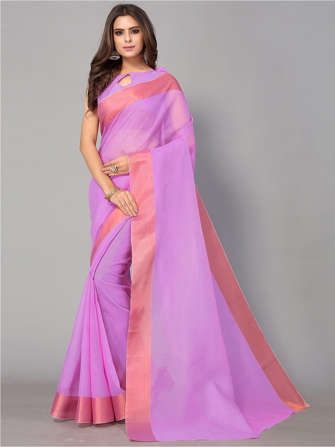 

GORGONE Cotton Blend Zari Saree With Blouse Piece, Lavender