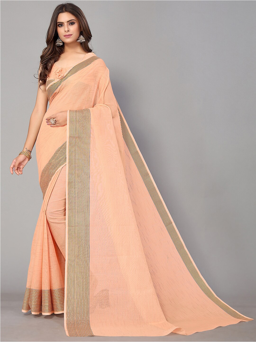 

GORGONE Striped Cotton Blend Saree With Blouse Piece, Orange