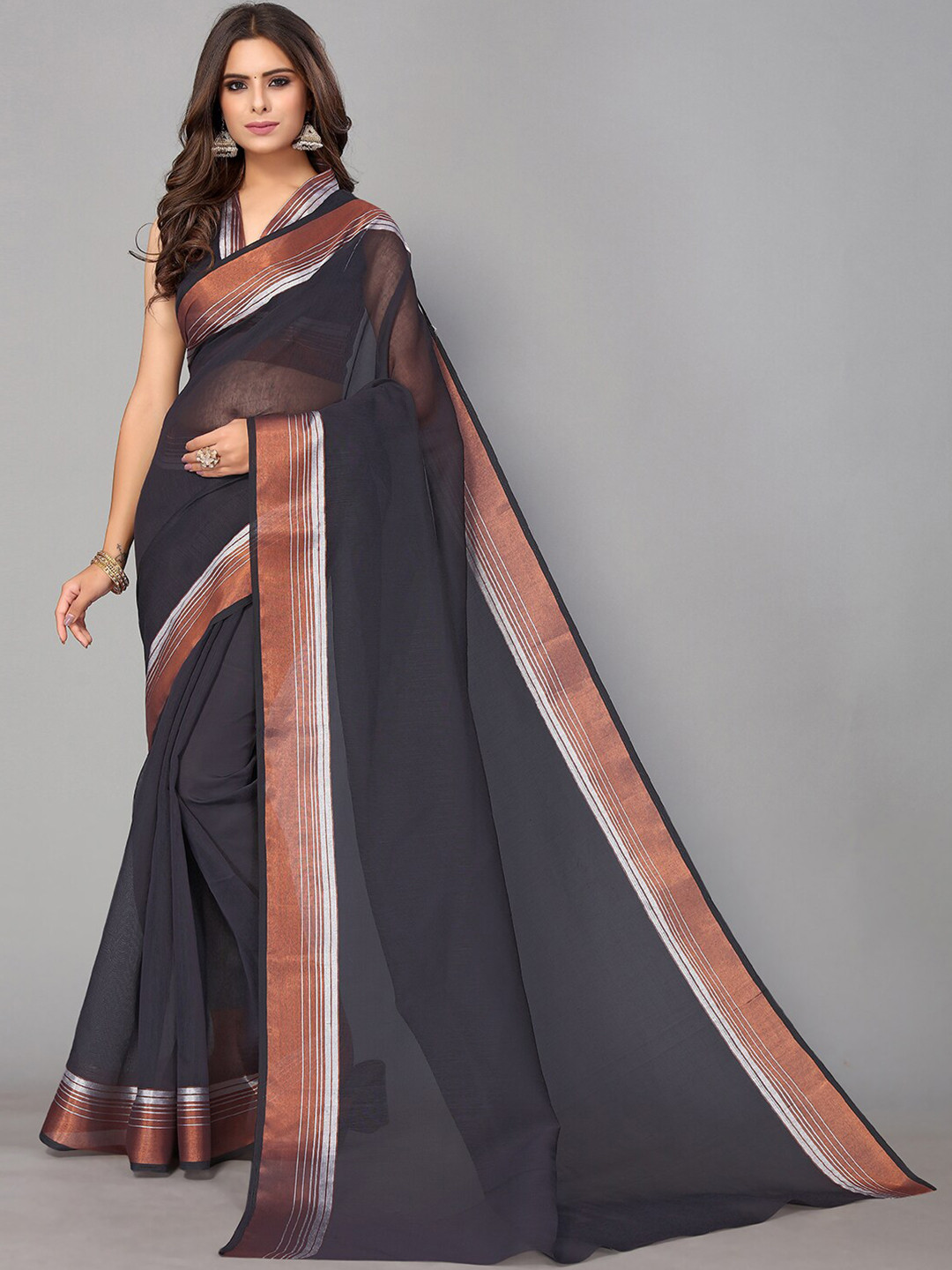 

GORGONE Sheer Striped Zari Saree, Black